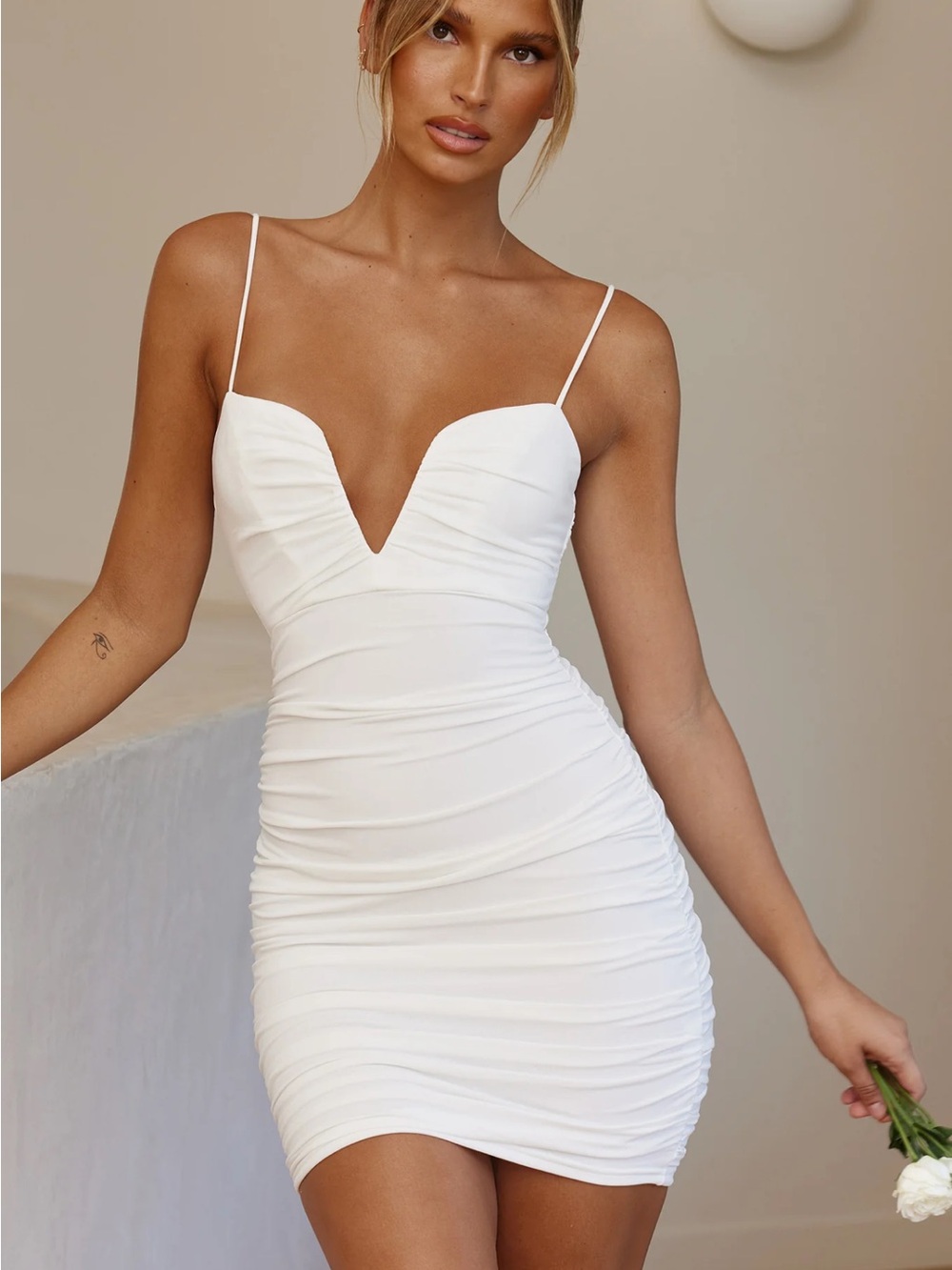 Selfie Leslie White V-Neck Ruched Spaghetti-Strap Mini Dress